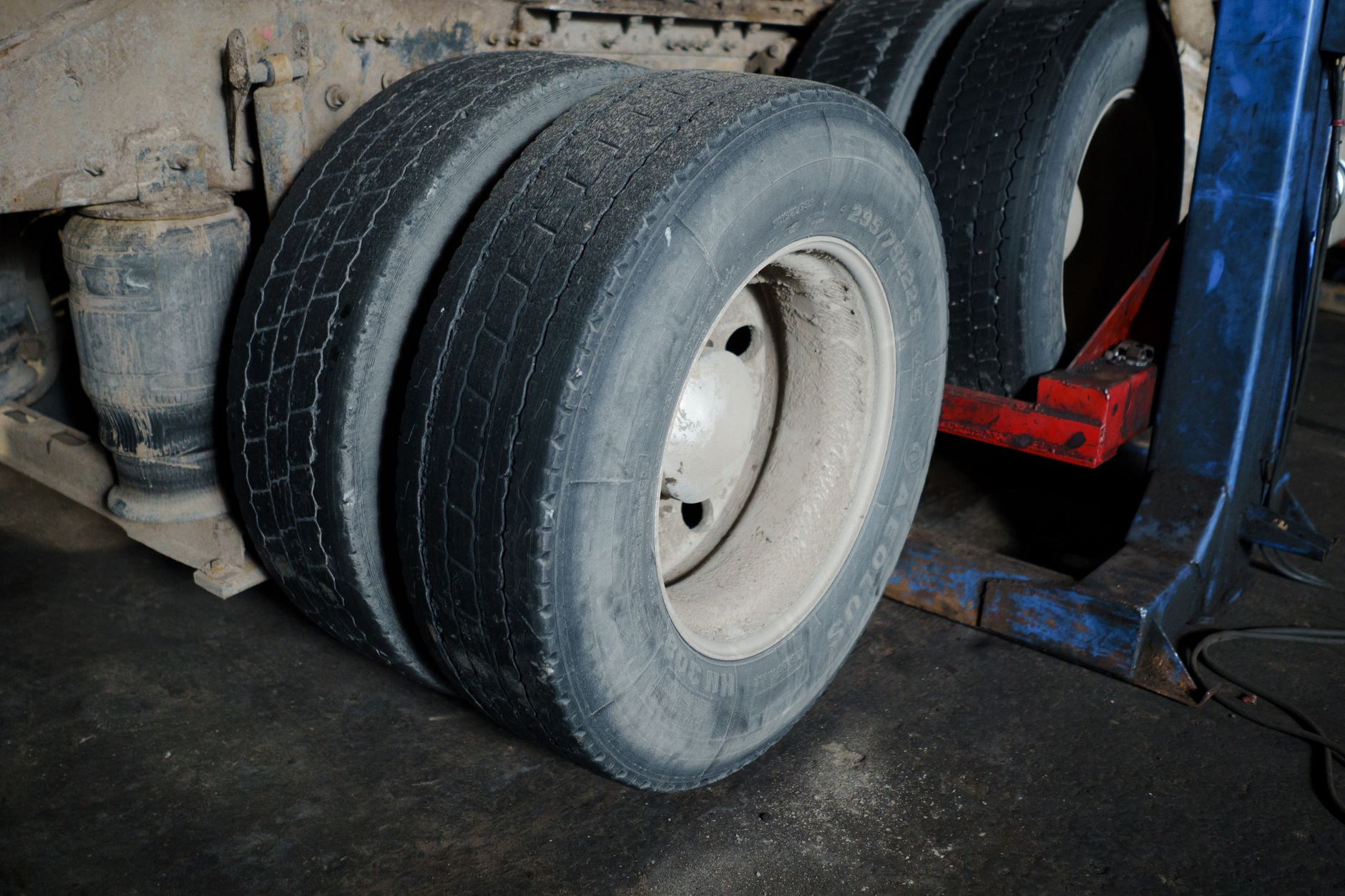 Truck tyres in a garage awaiting maintenance